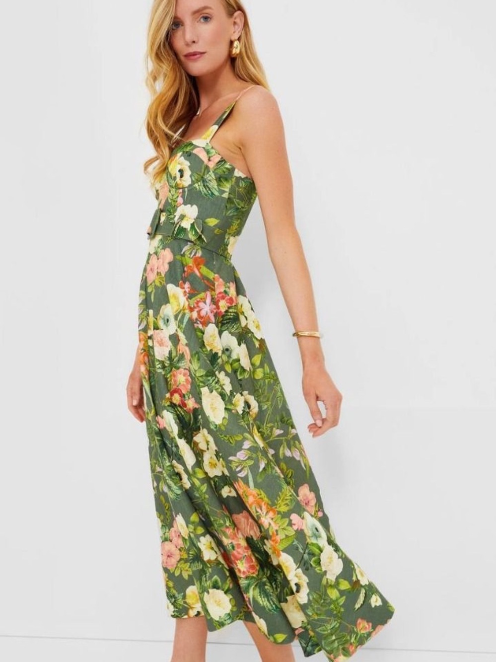 Cara Cara Olive Green Floral Maxi Dress with Multi-Color Blooms